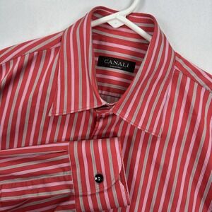 Canali Dress‎ Shirt Mens Medium Long Sleeve Red Striped Made Italy Cotton Blend